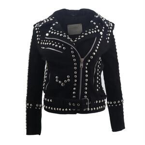 Understated Heavy Suede Dome Studded Zippered Moto Biker Jacket Size XS